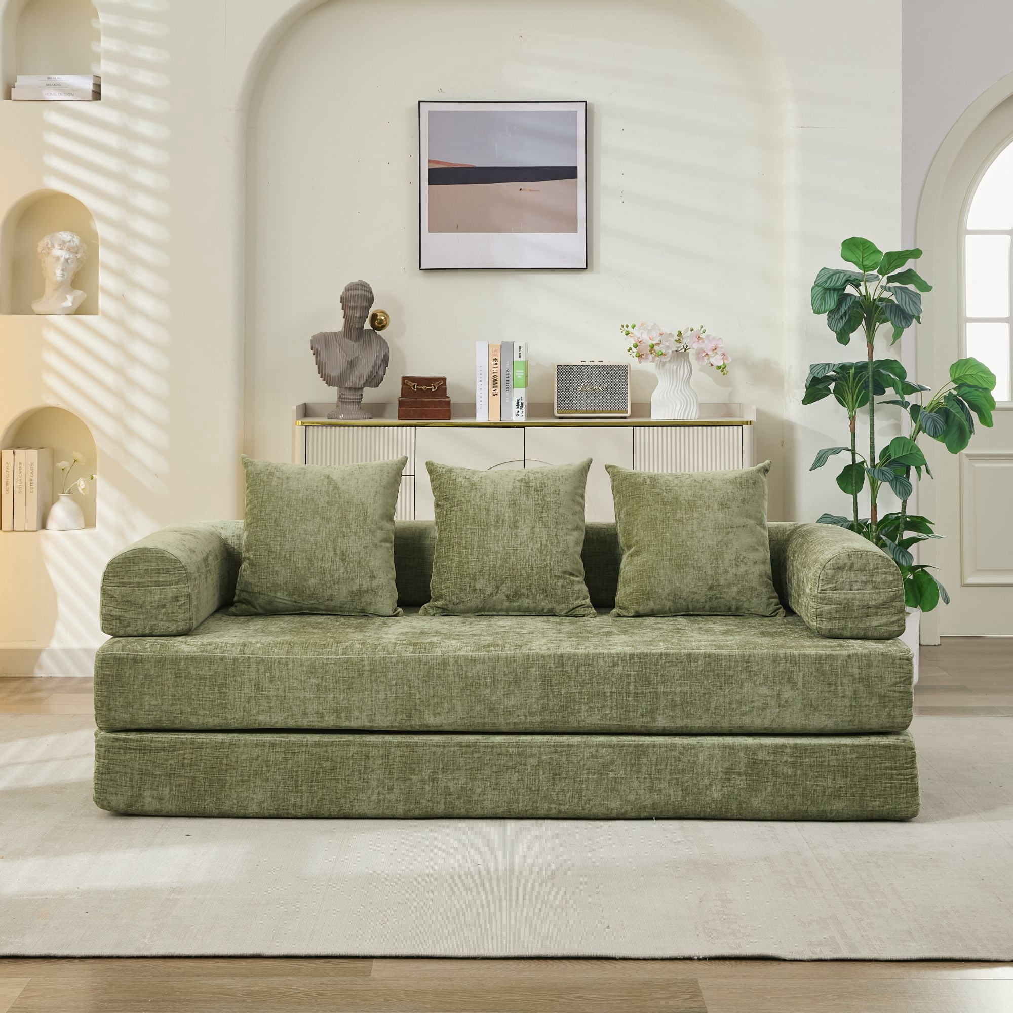 Yoneston 78.8" Convertible Chenille Sleeper Sofa, Modular Multi-Functional Floor Sofa Bed with Pillows for Living Room, Bedroom, Green