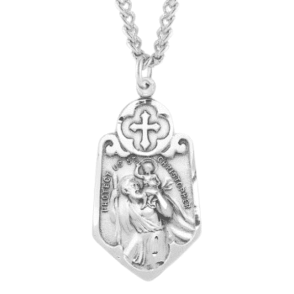 Patron Saint St Christopher Sterling Silver Medal with Cross, 24" Rhodium Plated Stainless Steel Chain Necklace, Made in USA - Deluxe Velvet Gift Box