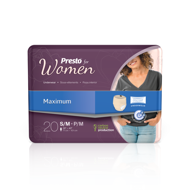 Presto Maximum Discreet Incontinence Underwear For Women Disposable, Odor Eliminator, Small