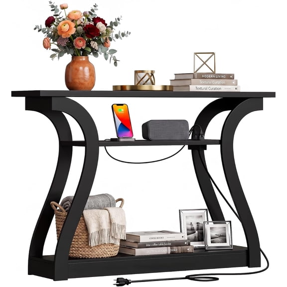 TerraOutfit 47 in Wood Console Table with Charging Station, 3 Tier Narrow Entryway Table with Curved Frame and 2 Open Storage Shelves Accent Sofa Table for Hallway Living Room Bedroom, Black