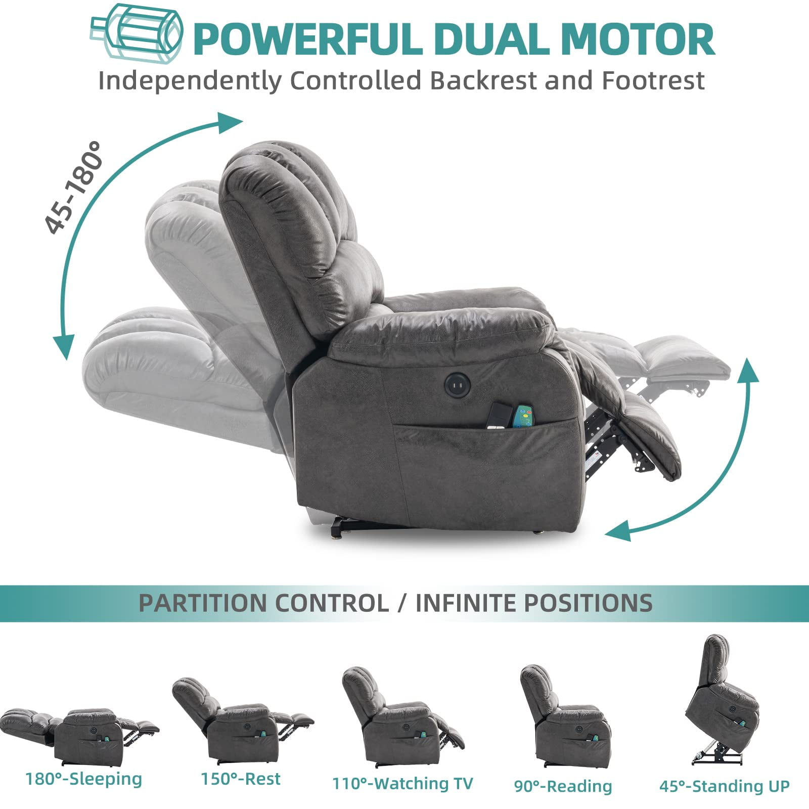 MEETWARM Large Dual OKIN Motor Power Lift Recliner Chair for Elderly Big Man, Lay Flat Sleeper Electric Recliner with Massage and Heat, Infinite Position/2 Remote Controls/USB Port/Side Pockets(Gray)