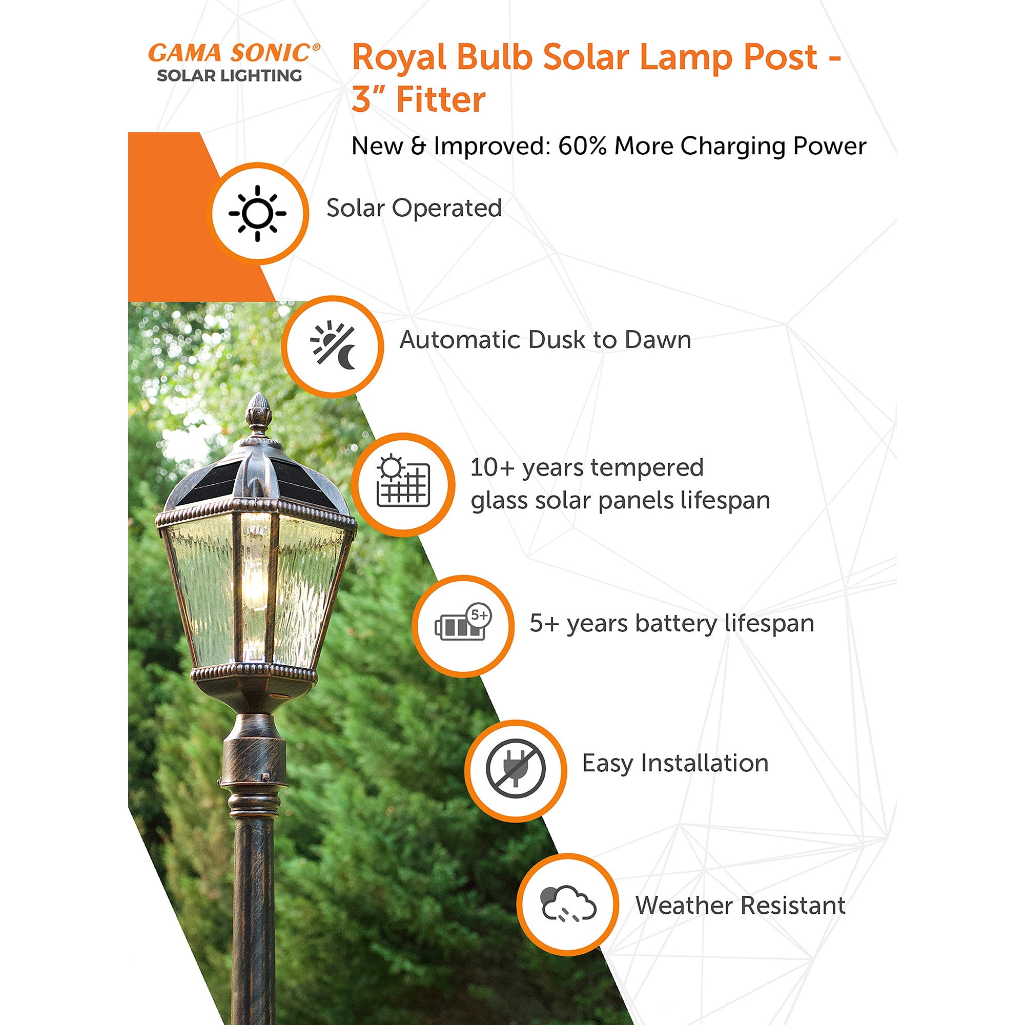 Gama Sonic Outdoor Solar Post Light, Brushed Bronze Finish Aluminum, Royal Bulb, Clear Rainwater Glass, 3-inch Fitter for Lamp Posts or Pier Mount (Sold Separately) 98B112
