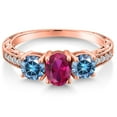thumbnail image 3 of Gem Stone King 18K Rose Gold Plated Silver 3-Stone Ring Oval Red Created Ruby and Vivid Persian Blue Moissanite (1.97 Cttw, Size 9), 3 of 6