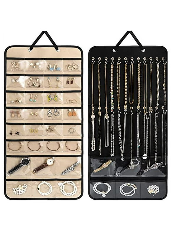 Lolalet Hanging Jewelry Organizer Necklace Organizer Mothers Day Gift, Double Side Large Jewelry Holder Necklace Hanger with Pockets and Metal Hooks on Closet Wall Door -1 Pack, Black
