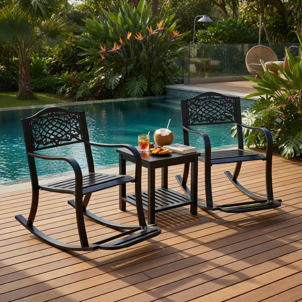 Hommoo Cast Aluminum Patio Rocking Chair with Footrest, Curved Armrests & Floral Back Design, Outdoor Rocker for Backyard, Porch, Poolside, Antique Brown