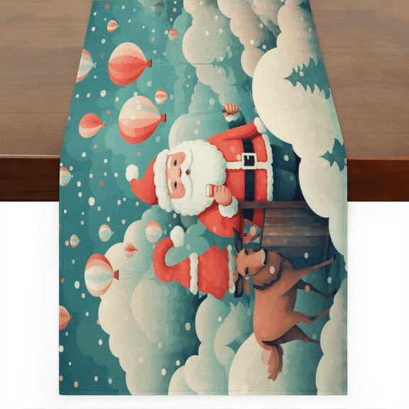 Santa Claus and Balloons Table Runner Rustic Linen Table Cloth for Farmhouse Kitchen, Dinner, Events, Party, Boho Holiday Table Decor 13 x 36 Inches