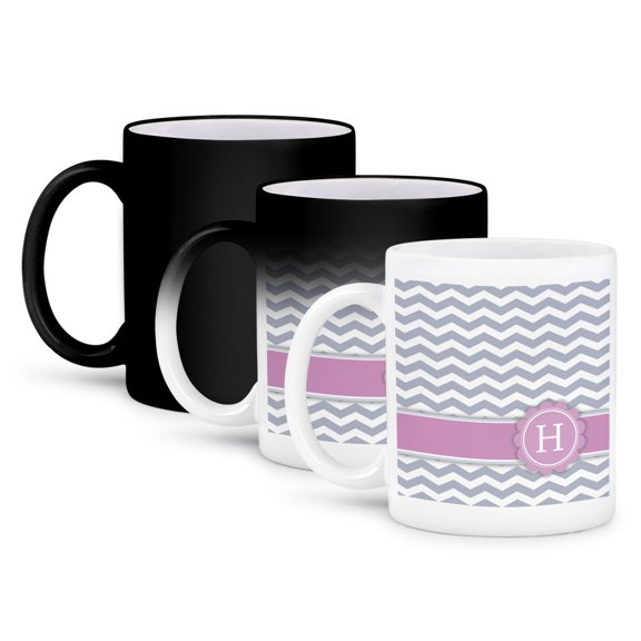 3dRose, Letter H monogrammed on grey and white chevron with pink - gray zigzags - personal initial zig zags, 11oz Magic Transforming Mug