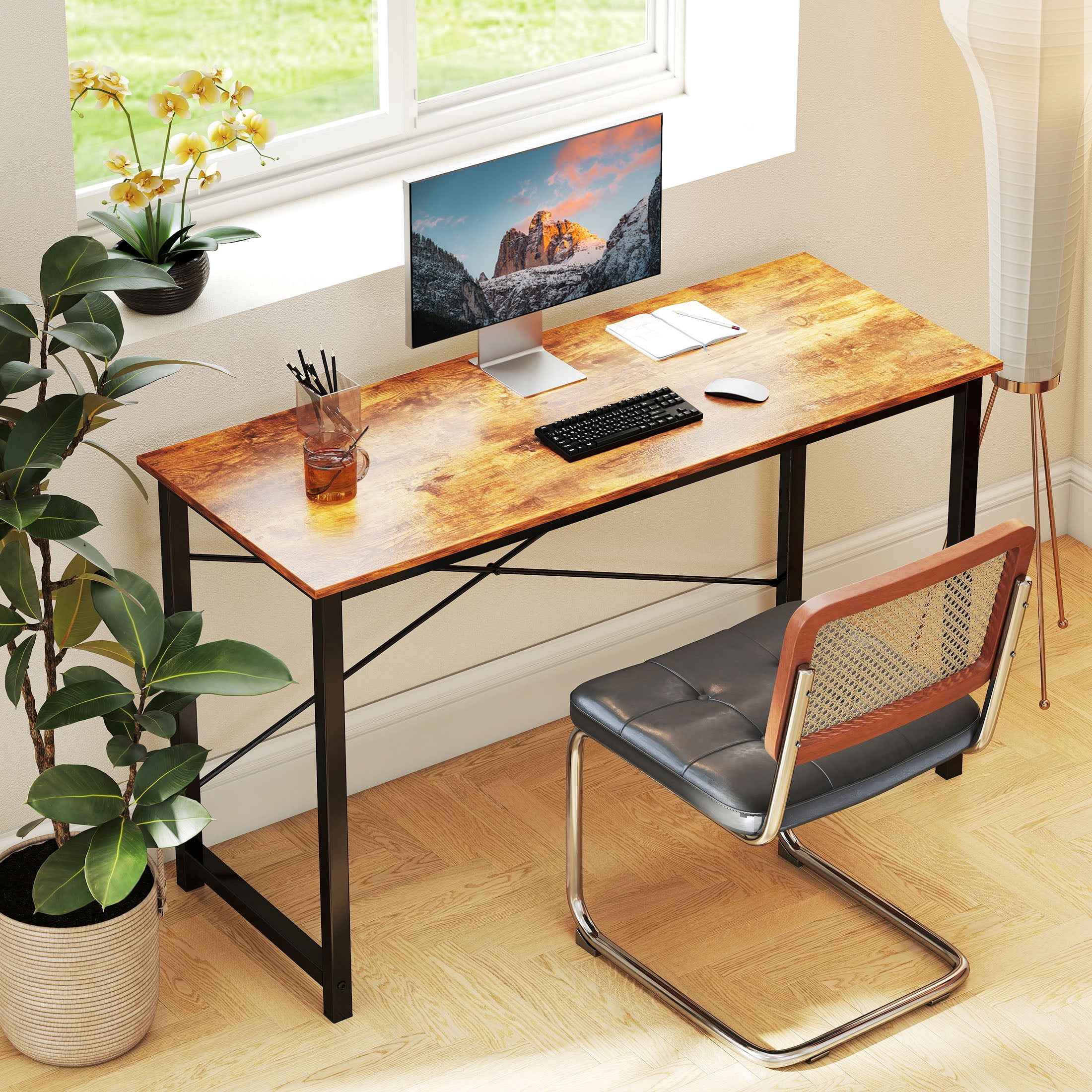 CONCETTA Computer Desk, 47 Inch with Storage Bag and Iron Hooks for Home, Office, Rustic Brown