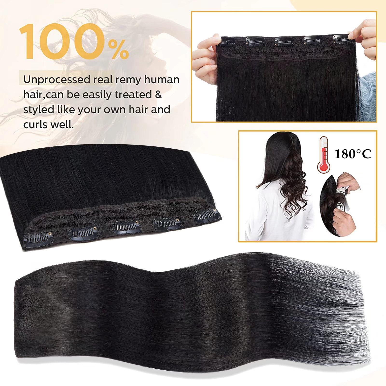 MY-LADY 10''-24'' 5 Clips in Human Hair Extensions Thick Real Natural Hair Pieces 100% Full Head Remy Hair 10inch #01 Jet Black（Thin）