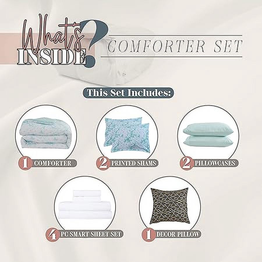 Elegant Comfort Reversible 10-Piece Comforter Set, Tie-Dye Print, Decorative Pillow and Fitted Sheet with Smart Pockets, Soft, Plush, Lightweight Material, 10pc Tie-Dye Set, Cali King, Aqua Mint