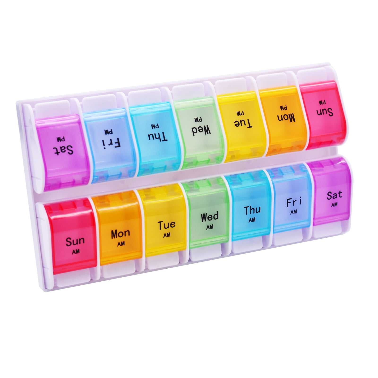 Weekly 7 Day Push-Button Pill Organizer Arthritis Friendly 2 Times A Day AM/PM BPA-Free Pill Box Moisture-Proof Pill Cases Design for Vitamins Fish Oil Compartments Supplements (Rainbow)