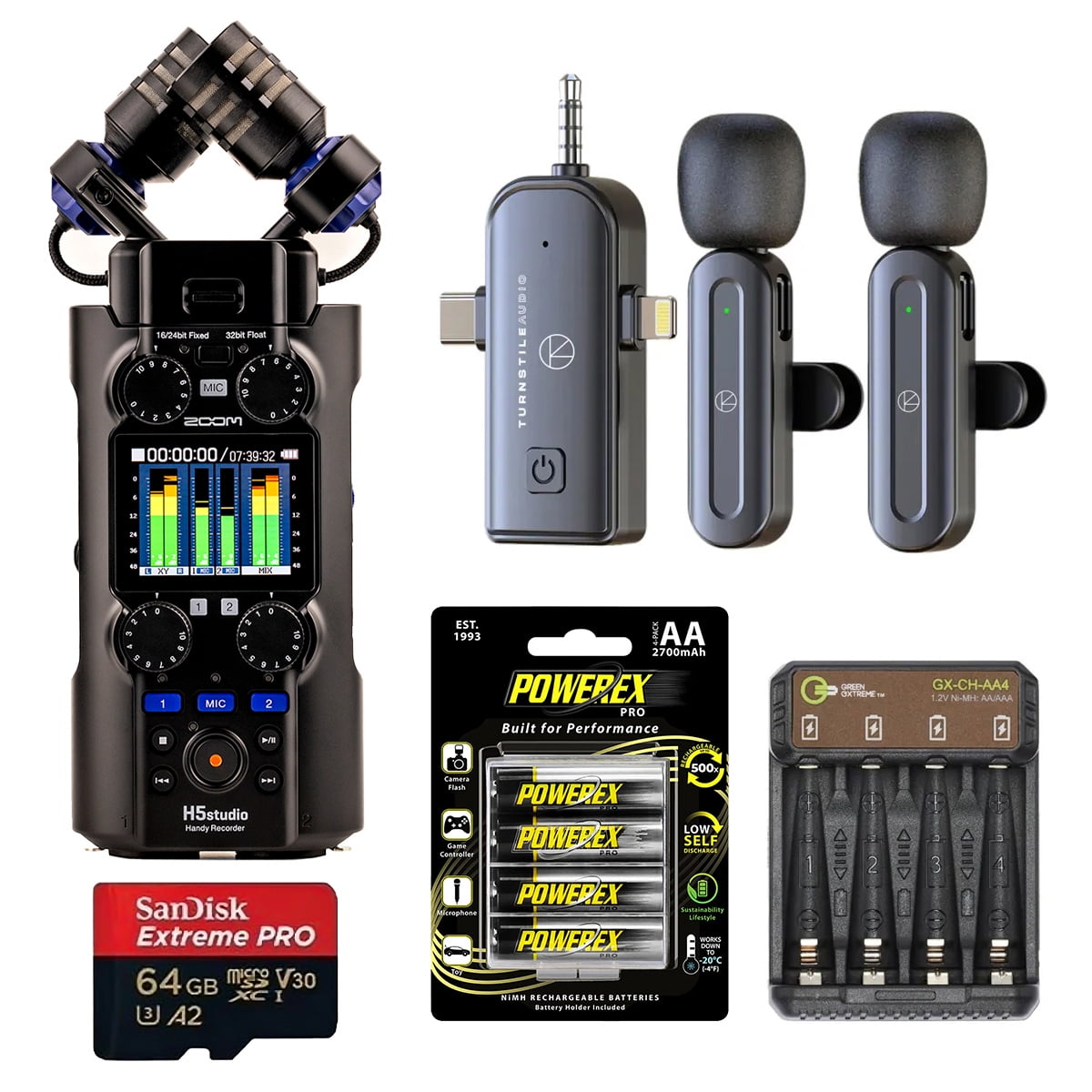 Zoom H5studio 6-Track 32-Bit Float Handy Recorder, Bundle with 3-in-1 Wireless Lavalier Mic, 64GB UHS-I SDXC Memory Card, 4x AA NiMH Batteries, 4-Bay Charger