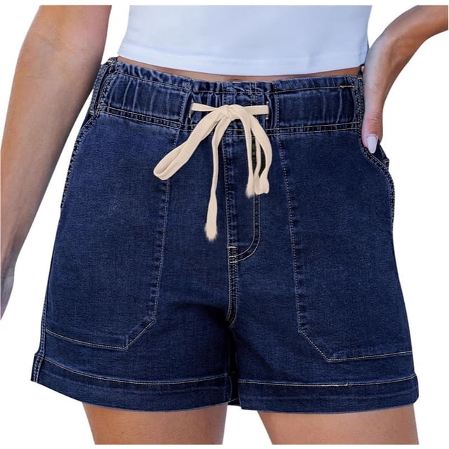 Pantalones cortos de mezclilla for mujer de talle alto con cordón elástico en la cintura elástica de moda Jorts de mezclilla pantalones cortos de verano