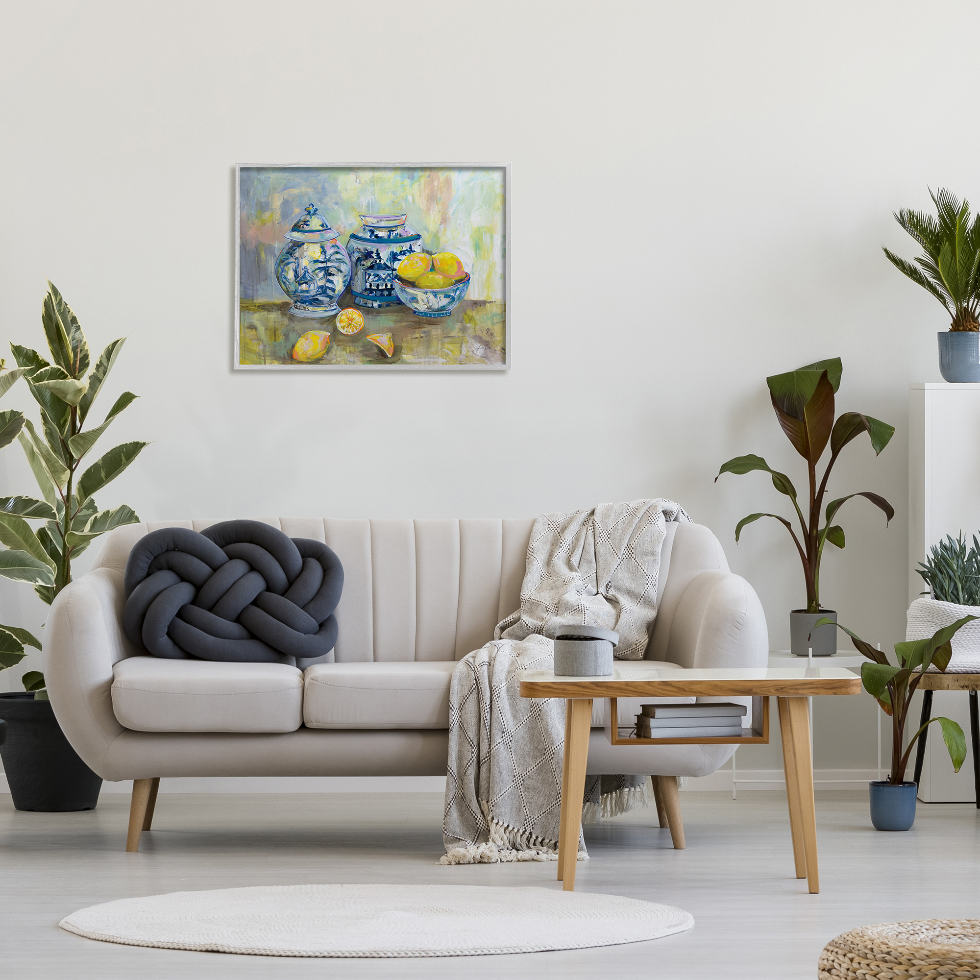 Stupell Industries Lemons and Pottery Yellow Blue Classical Painting Framed Art Print Wall Art, 30x24, By Jeanette Vertentes