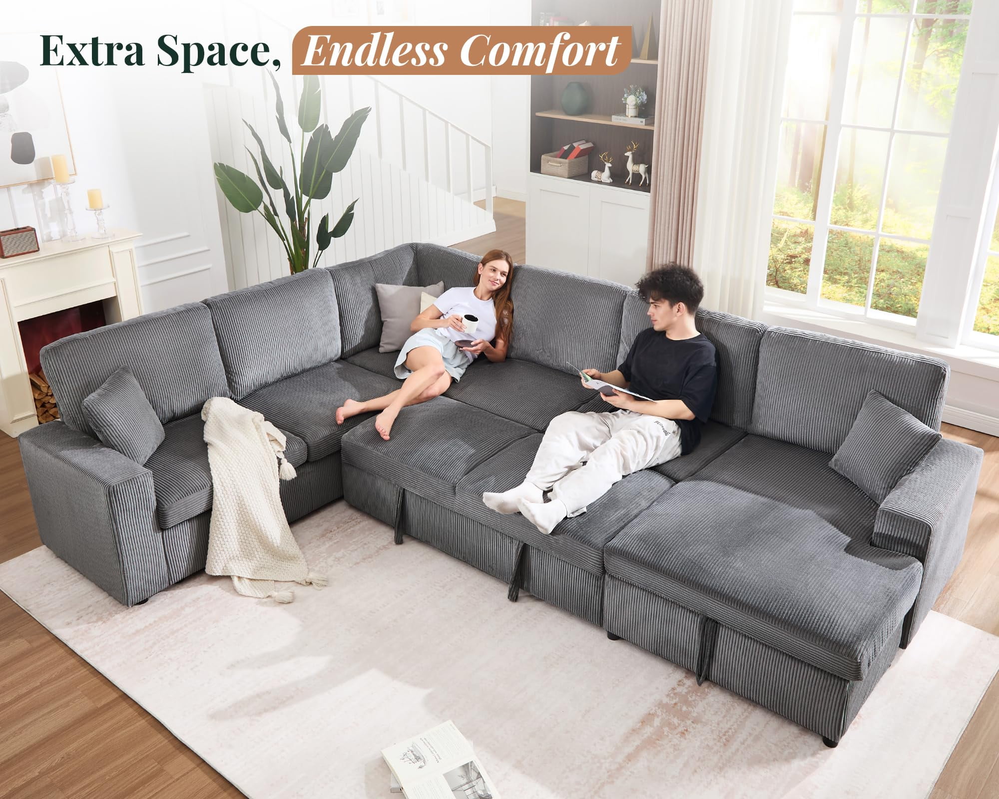 VanAcc 130" Sofa Bed, Sleeper Sofa, Pull Out Sleeper Couch with Storage, Convertible 6-Seater for Living Room, Corduroy Grey