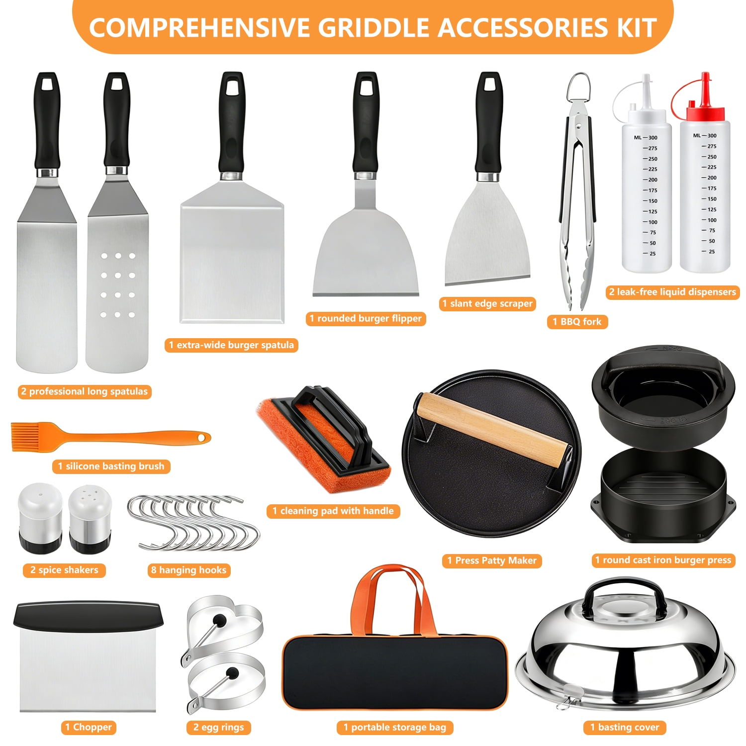 28 pcs Griddle Accessories Kit, Flat Top Grill Tools for Blackstone and Camp Chef, Enlarged Grill Spatula Set with Basting Cover, Scraper, Burger Press Patty Maker for Outdoor Barbecue