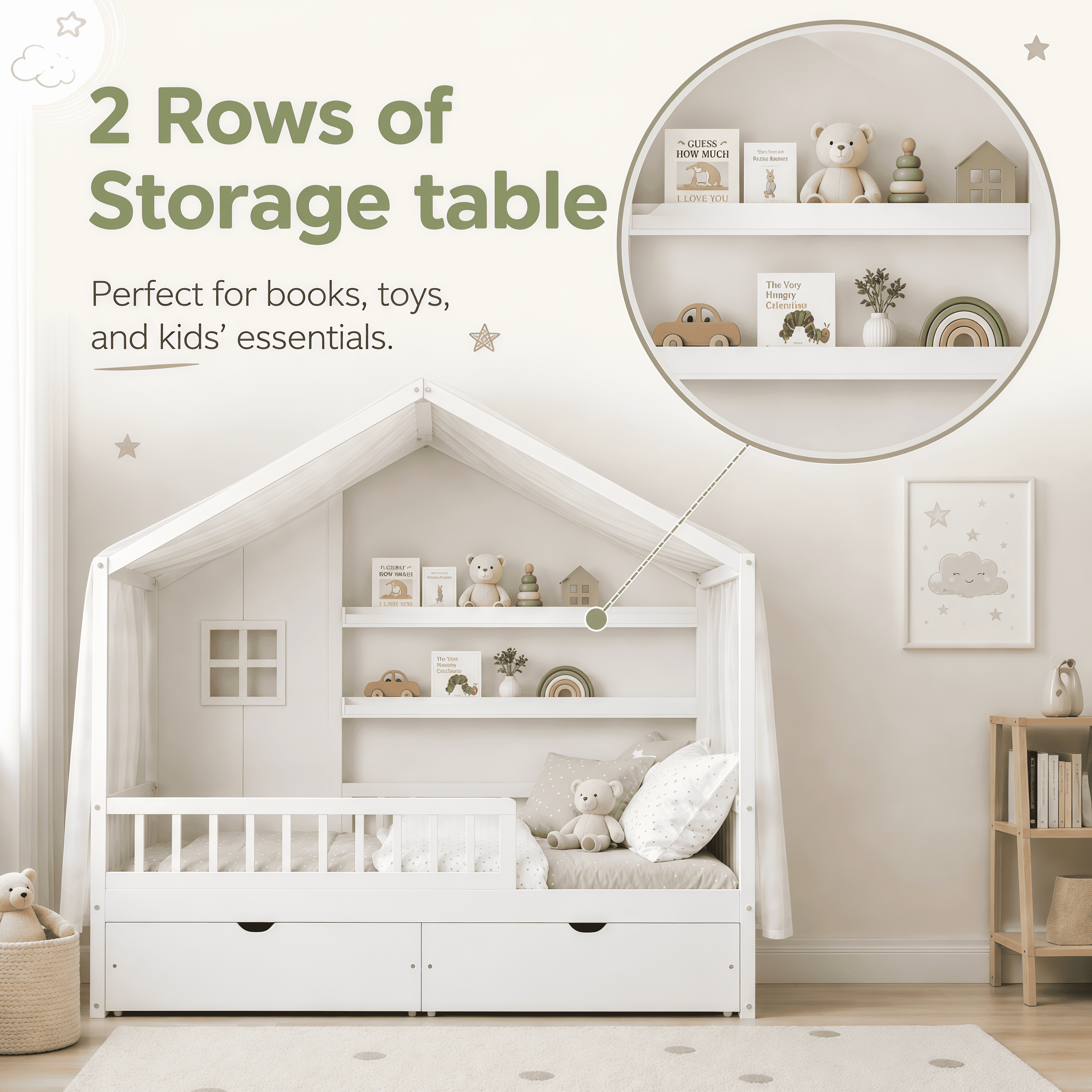 Euroco Wood Full Size House Bed with Roof and Curtains, Montessori Floor Bed with Drawers and Safety Guardrails,No Box Spring Needed, White