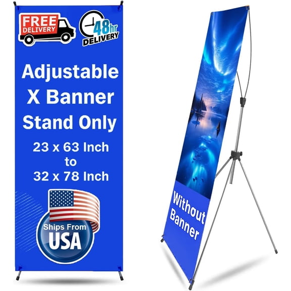 Reinforced X Banner Stand -Shipping From USA- 23" X 63" to 32" X 78" Adjustable Banner Holder Portable Customizable Signs with Travel Bag for Advertising, Business, Events, Trade Shows, Stores (Stand
