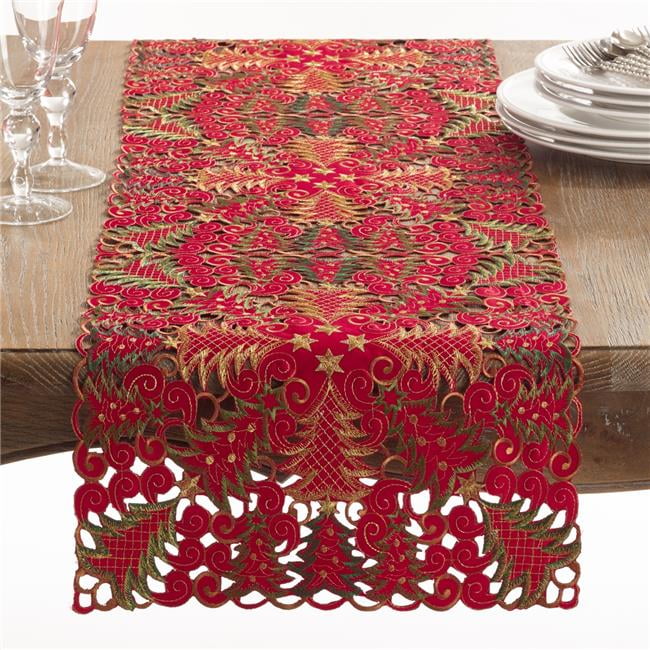 2 Colors Fennco Styles Holiday Drawn Work Thread Design Table Runner Red, 16x72 Table Runner