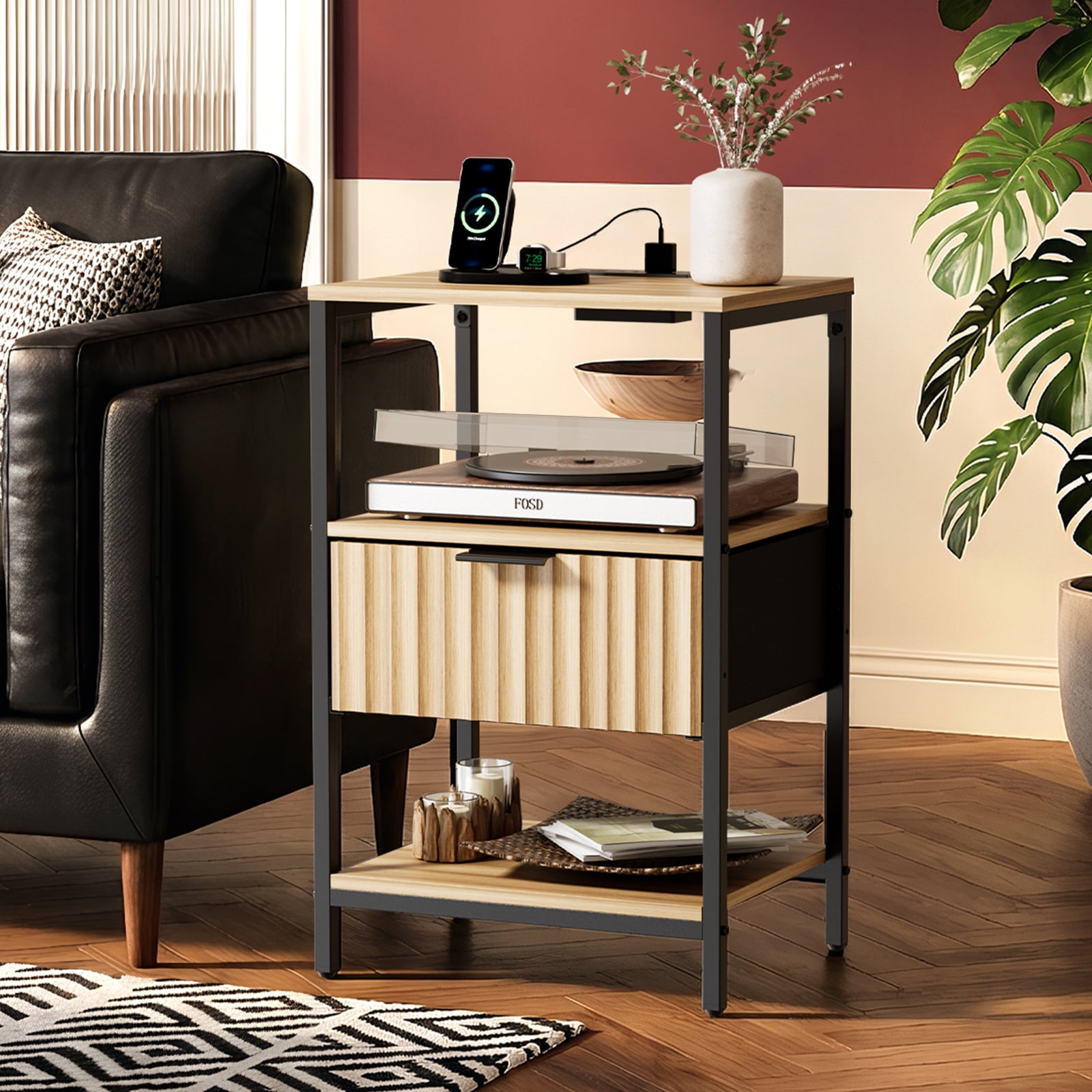 Ktaxon Fluted Nightstand with Charging Station End Table with Drawers Bedside Table Furniture for Bedroom, Living Room, Oak