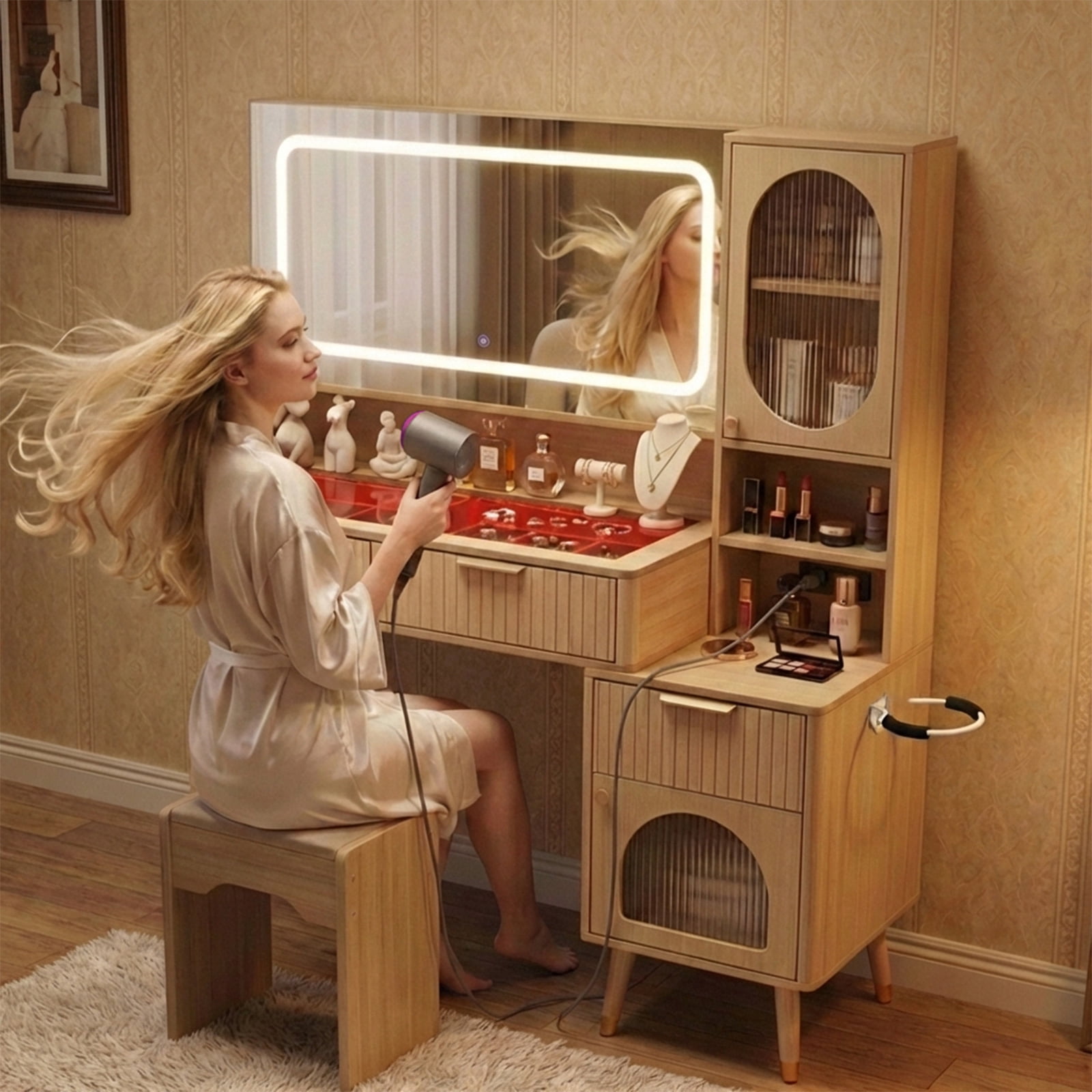 48" Fluted Vanity Desk with Lighted Mirror & Charging Station, Natural Oak Makeup Table with 5 Drawers, Motion Sensor Lights, Glass Top & Hair Dryer Holder for Bedroom