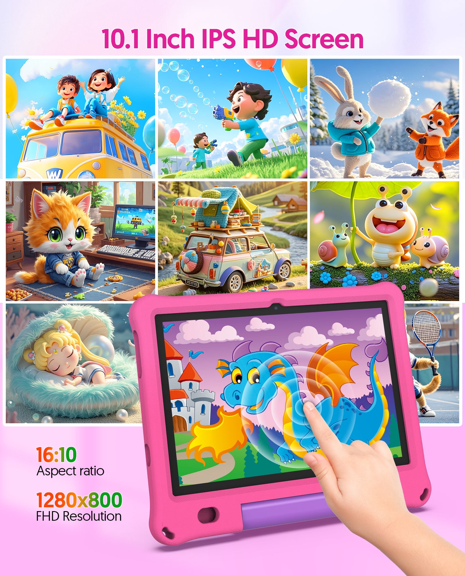 FITIFUN 10.1 inch Kids Tablet Android 15, 3GB RAM 64GB ROM 1TB Expand, Quad-Core, 5G/2.4G WiFi, 6000mAh, HD Display, Parental Control, Pink