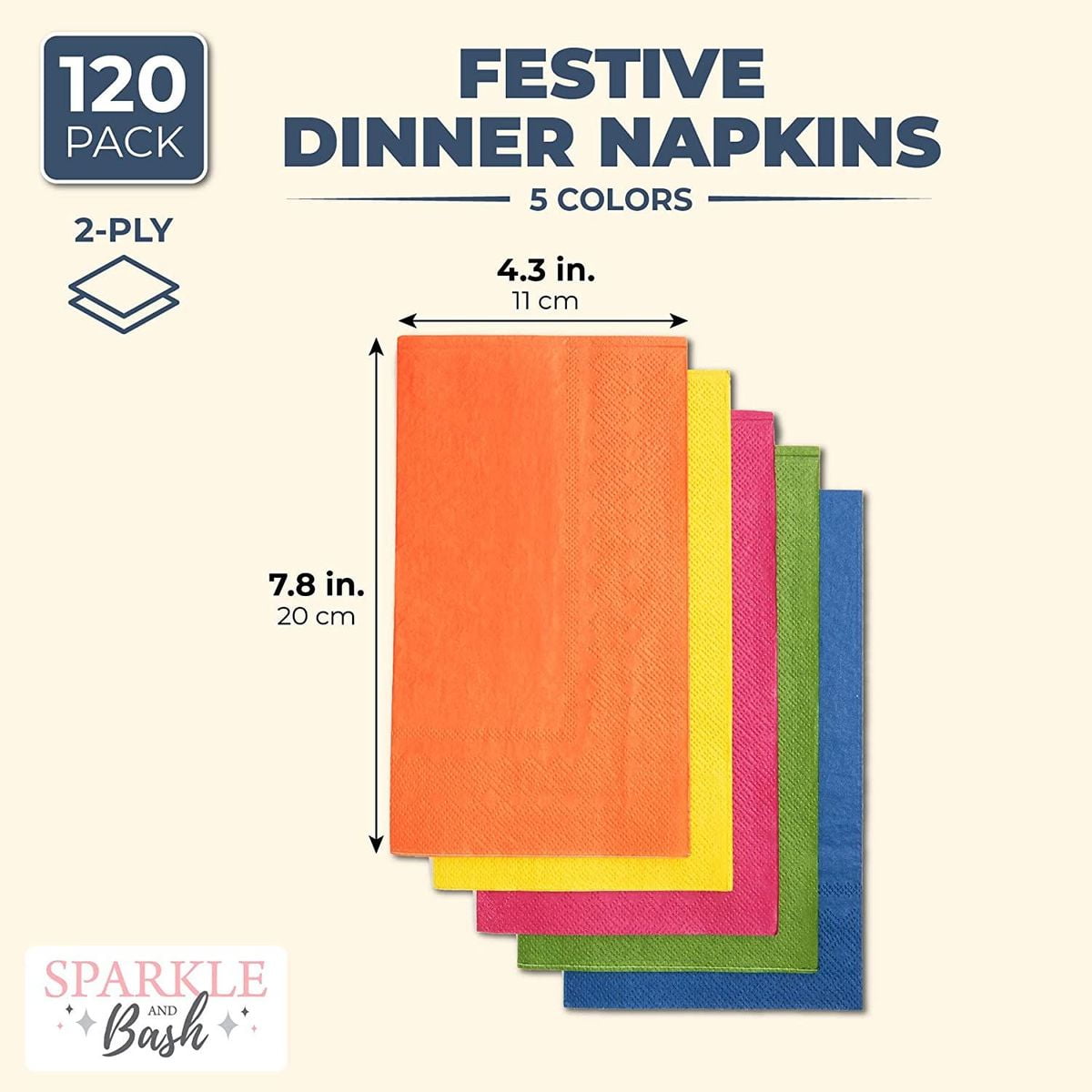 Colorful Dinner Paper Napkins for Parties 4 x 8 Inches, 5 Colors, 120 Pack 