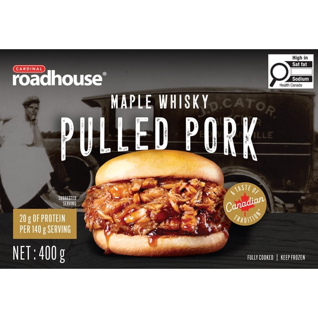 Porc effiloché au whisky et à l'érable entièrement cuit Porc effiloché entièrement cuit au whisky d'érable Cardinal Roadhouse 400 g