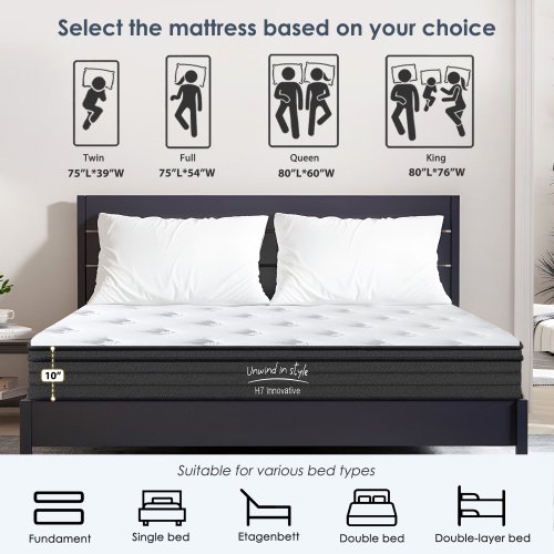 taoruifang Matelas Blanc et Noir Format Simple, Matelas Hybride de 10 Pouces, Ressorts Ensachés Individuellement, Fermeté Moyenne