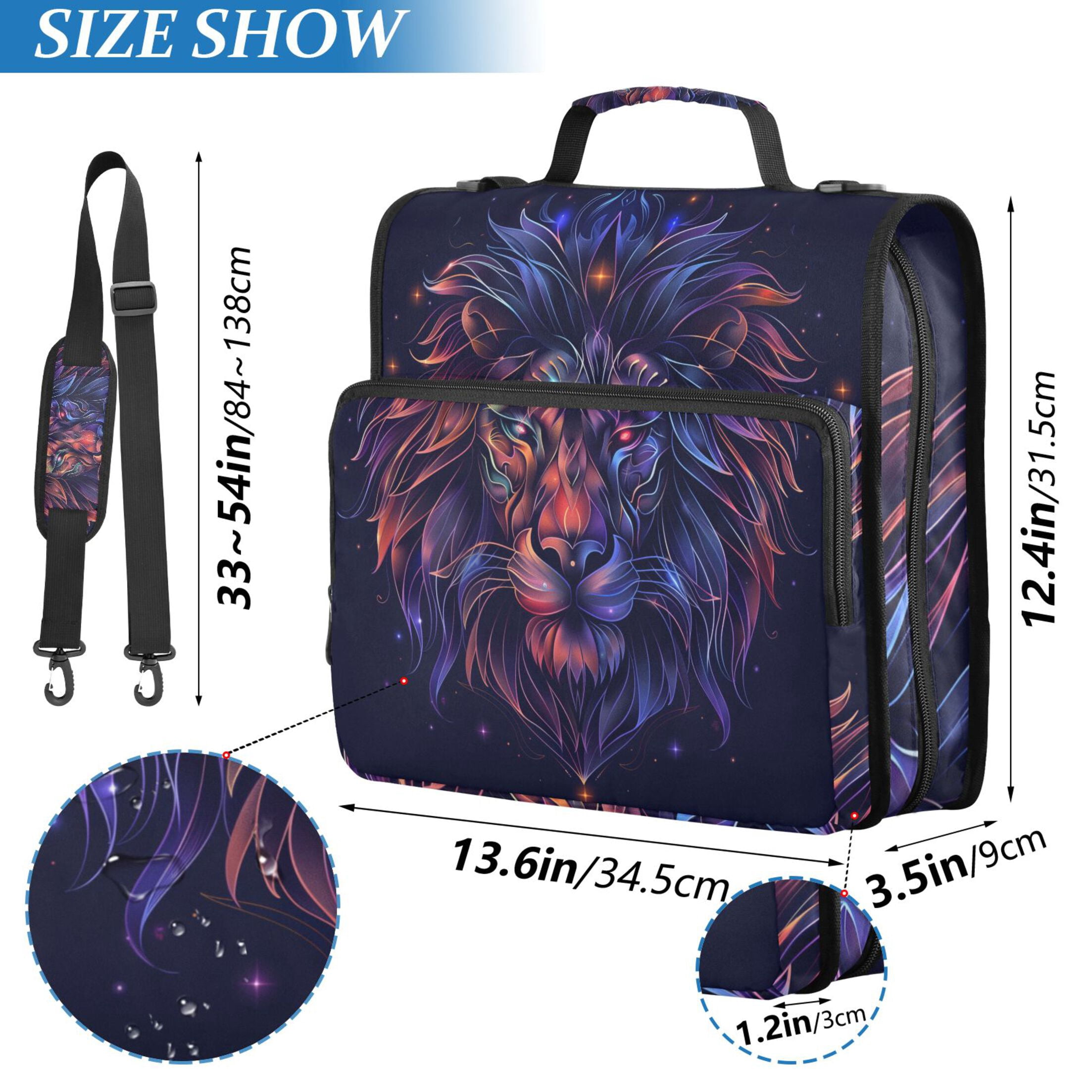 3 Ring Zipper Binder with Shoulder Strap Waterproof Trapper Keeper 2 Inch D-Ring 500 Sheets Capacity Colorful Lion Head