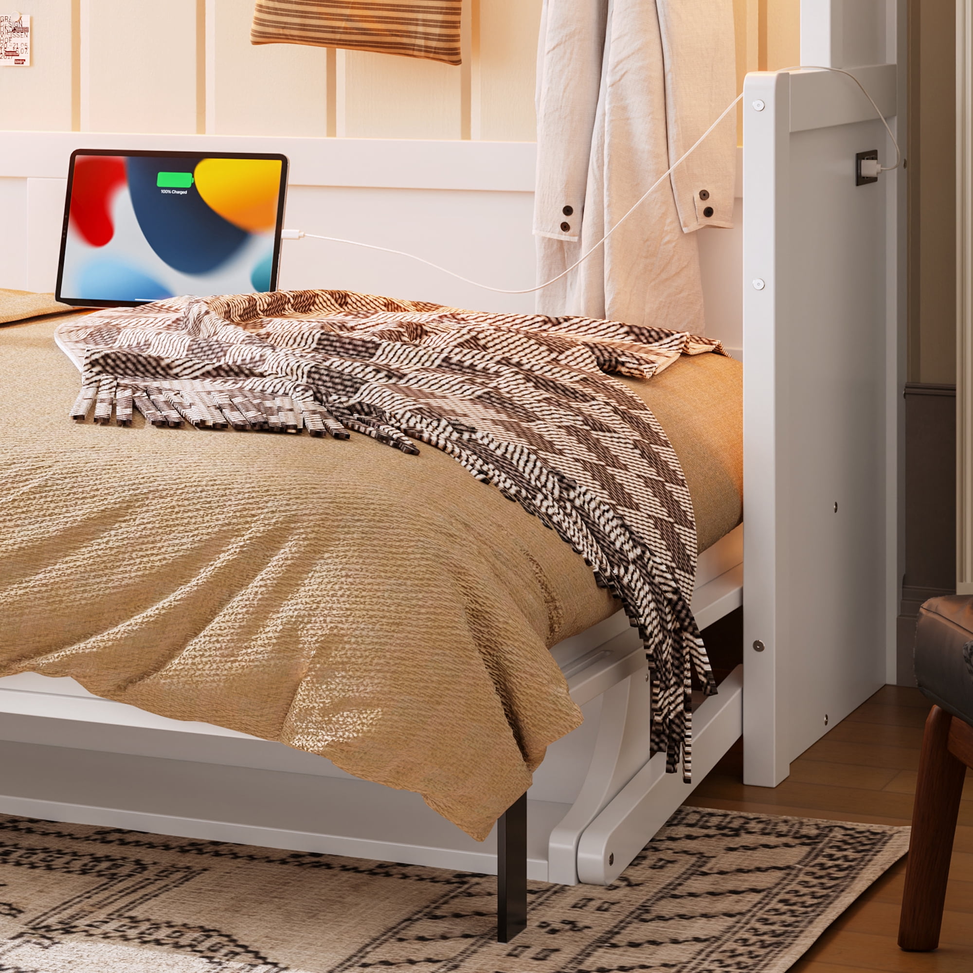Mintazer Full Murphy Bed with Desk & Pegboard Storage, Farmhouse Foldable Bed with Charging Station & LED Lighting for Bedroom Guest Room, White