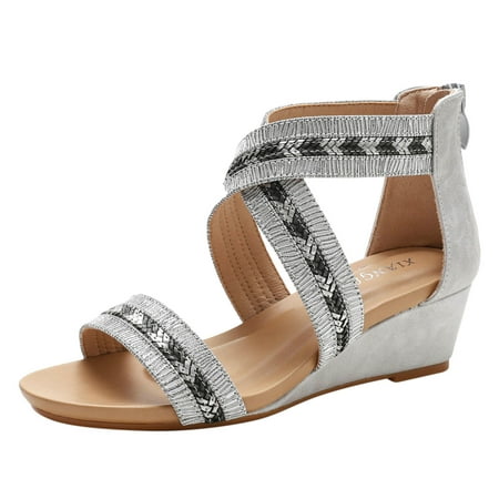 

Cathalem Fashion Spring Summer Women Sandals Mid Heel Wedge Back Zipper Open Toe Breathable And Comfortable Coloured Roman Style Silver 41