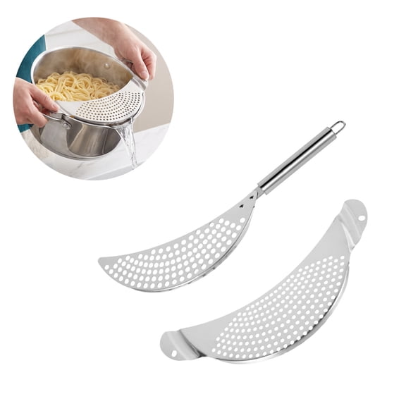 2 Pack Stainless Steel Pot Strainer Set, Pasta Colander with Handle, Heat Resistant Food Strainer, Multipurpose Veggie Drainer for Kitchen Pots, Pans, and Bowls