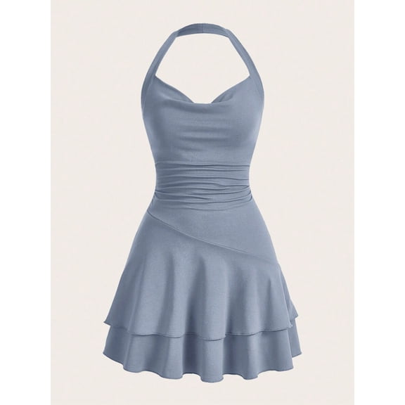 Dusty Blue Womens Slim Fit Ruched Halter Mini Dress With Tiered Flounce Skirt