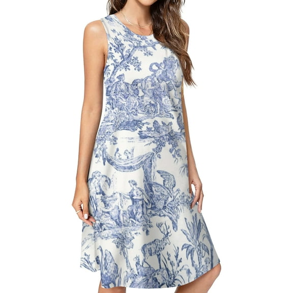 Blue Toile de Jouy Spring Summer Dresses for Women Fashion T-shirt Dress Casual Sleeveless Loose Sundress with Pockets
