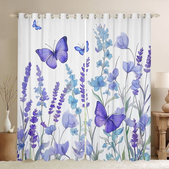 jejeloiu Cute Butterflies Blackout Curtains,Rustic Lavender Curtains Pack of 2 (38x45 Each),Purple White Window Curtains For Princess,Super Cozy Room Decor