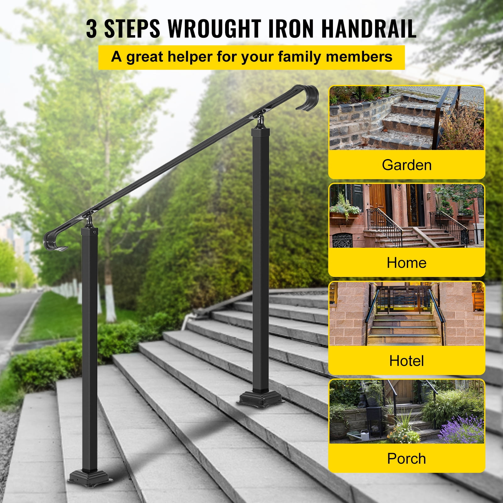 SKYSHALO Wrought Iron Handrail for 2 or 3 Step Outdoor Stair Railing, Adjustable Front Porch Handrail, Black Transition Handrail for Concrete Step or Wooden Staircase with Mounting Kit