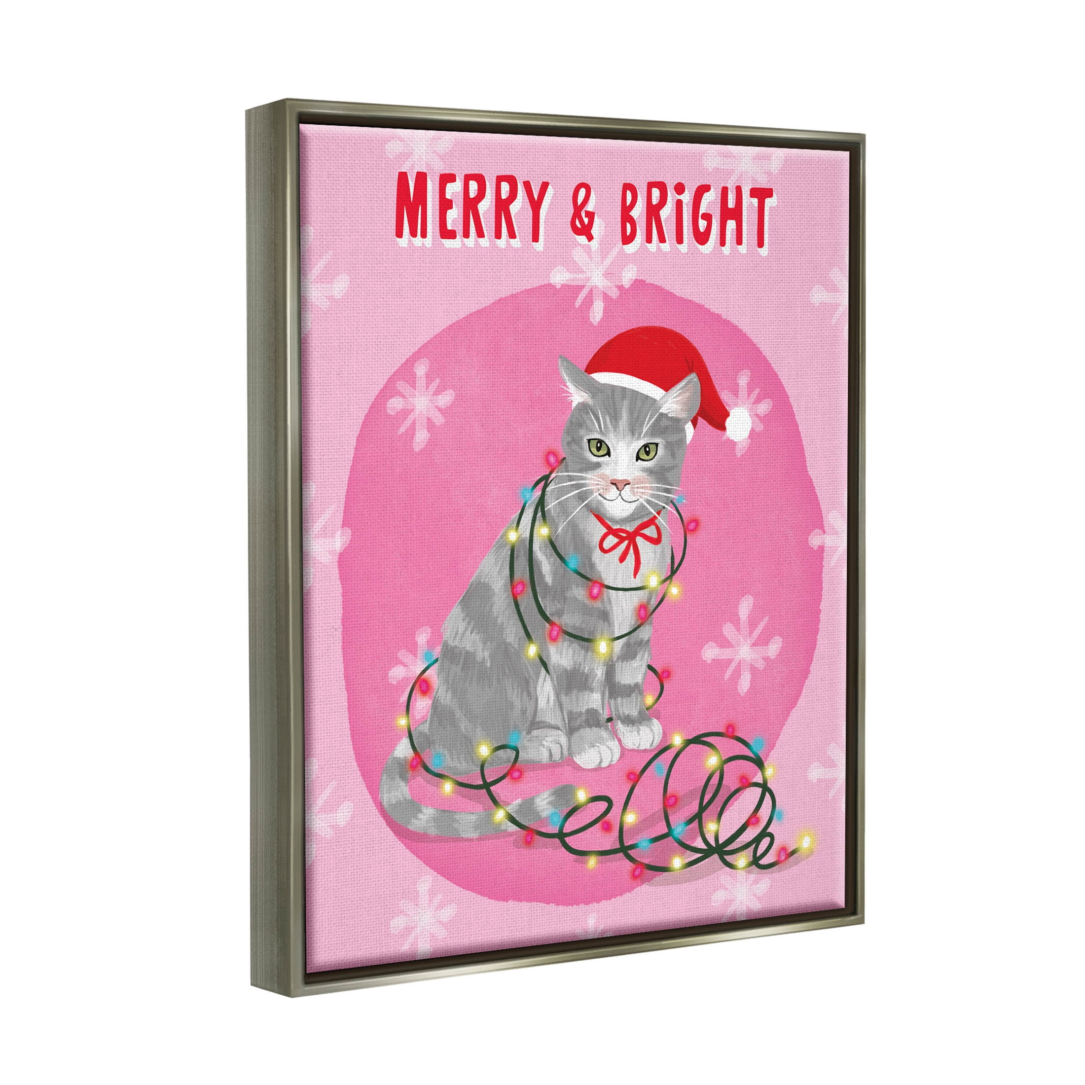 Merry & Bright Christmas Cat Holiday Graphic Art Luster Gray Framed Art Print Wall Art