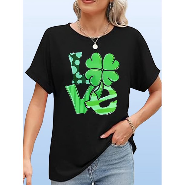 Camiseta de San Patricio con trébol de amor para mujer: camiseta informal negra con estampado de trébol verde neón, manga corta, cuello redondo, estilo informal.