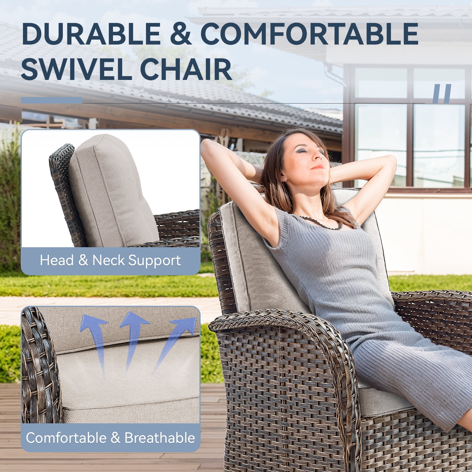 Bellefurn 5 Pieces Patio Furniture Sets with Outdoor Swivel Rocker Chairs Rattan 3-Seater Sofa and Coffee Table,Outdoor Conversation Set for Porch Deck Backyard Poolside