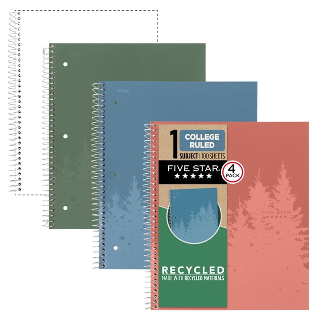Five Star Spiral Notebooks + Study App, Recycled Cover, 4 Pack, 1 Subject, College Ruled Paper, 8-1/2” x 11", 100 Sheets per