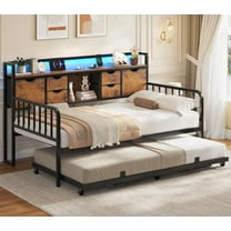 Afuhokles Twin Daybed with Trundle and Storage Headboard, Charging Station, Height Adjustable Metal Bed Frame, Brown