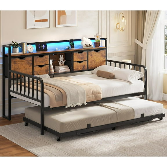 Afuhokles Twin Daybed with Trundle and Storage Headboard, Charging Station, Height Adjustable Metal Bed Frame, Brown