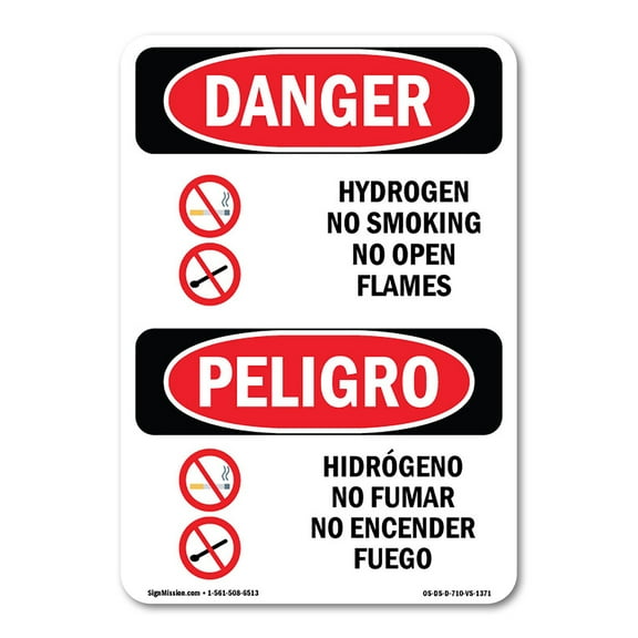 OSHA Danger Sign - Hydrogen No Smoking No Open Flames Bilingual | Decal | Protect Your Business, Construction Site, Shop Area |  Made in The USA