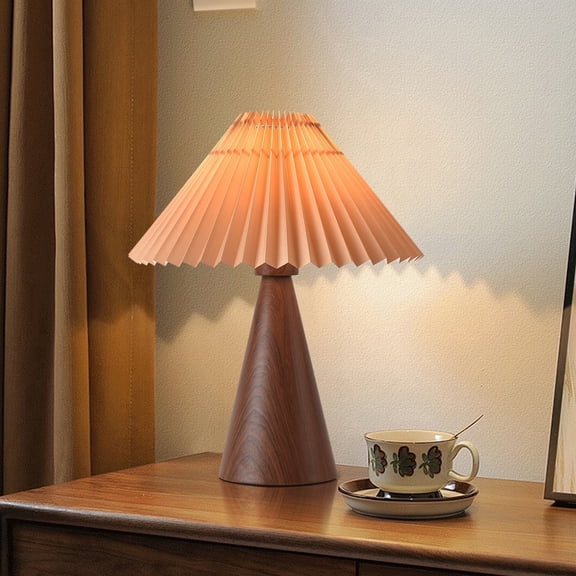 Wood Small Table Lamp, Pleated Scalloped Shade Mini Lamp with Wooden Grain for Bedroom Nightstand Small Spaces Living Room