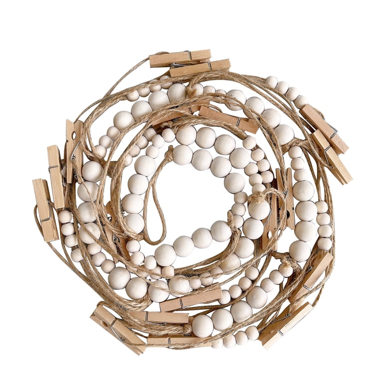 Boho Wooden Bead Photo Garland With 9 Clips - Hanging Wall Display For Pictures, Bedroom & Office Decor