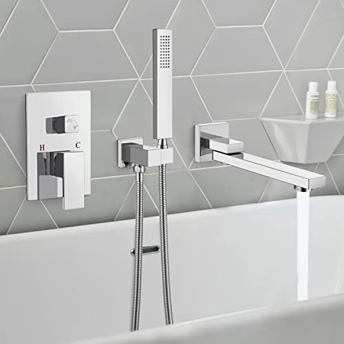 gotonovo Robinet de Baignoire Mural Chromé avec Pulvérisateur à Main et Remplisseur de Baignoire Pivotant Double Fonctions Poignée Unique Système de Douche pour Baignoire Valve d'Encastrement Incluse