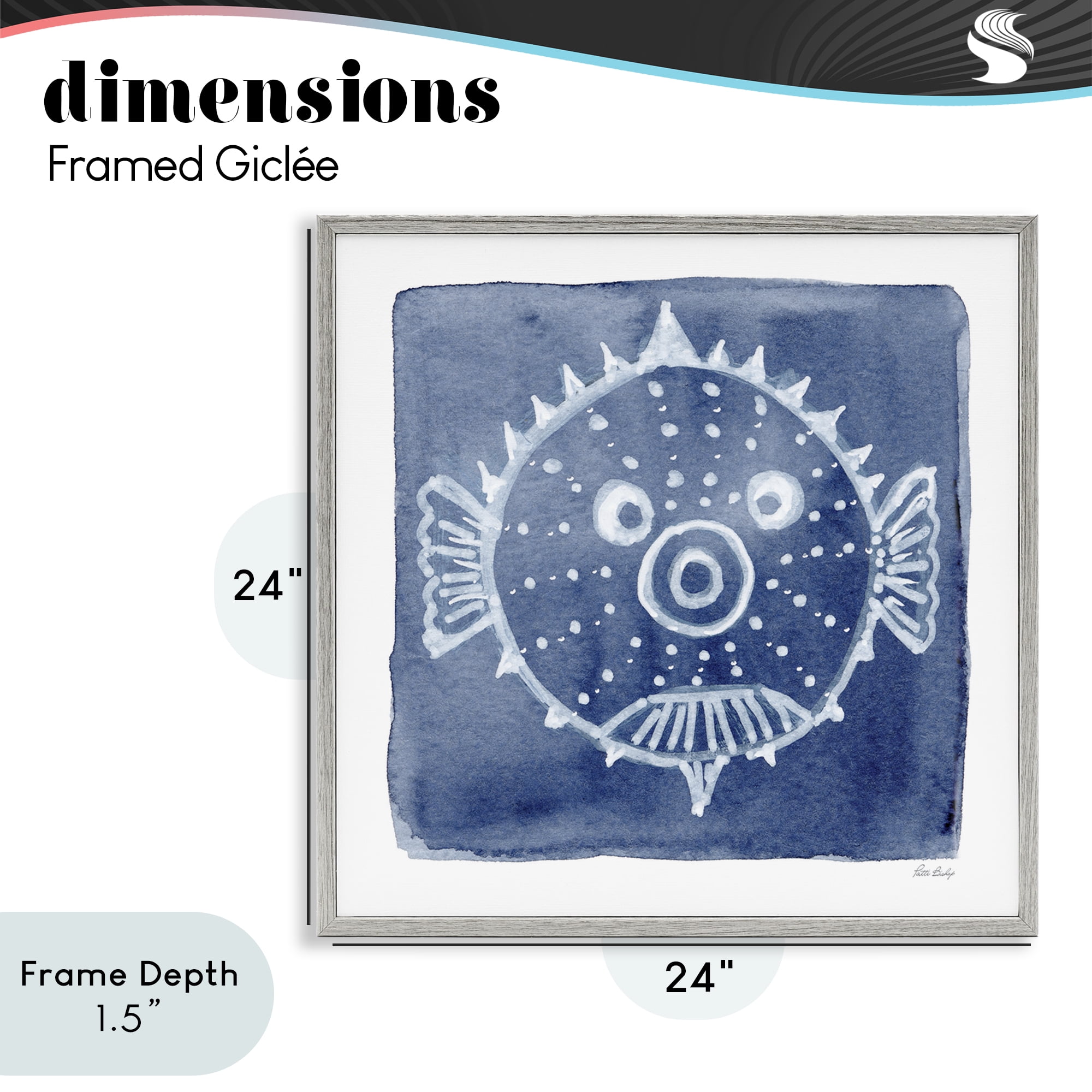Stupell Industries White Blow Fish on Indigo Gray Framed Giclee Art, design by Patti Bishop