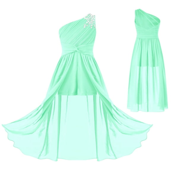 iiniim Kids Flower Girl Chiffon One Shoulder Shiny Beaded Long Romper Dress Party Prom Maxi Gowns Size 6-16 Mint Green 12