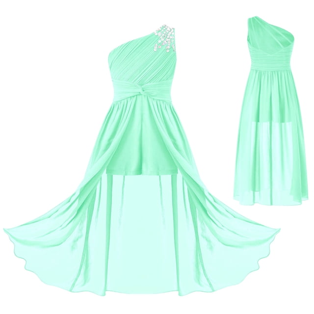 Alvivi Robe de Soirée Maxi en Chiffon Froncé à une Épaule pour Filles, Vert Menthe 12
